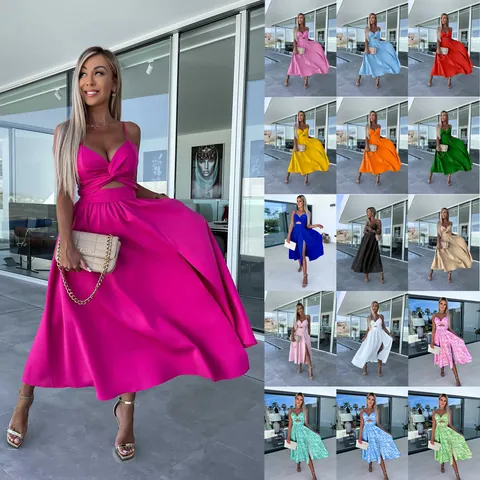 Women Top And Bottom Deep V Neck Cut Out Spaghetti Strap Midi Dress Sexy High Slit Swing Formal Party Evening Celebration Dress