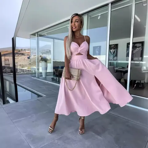 Women Top And Bottom Deep V Neck Cut Out Spaghetti Strap Midi Dress Sexy High Slit Swing Formal Party Evening Celebration Dress