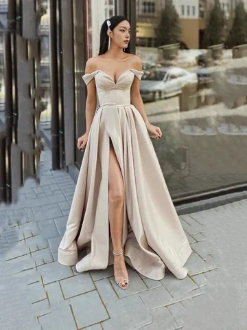 Women Elegant Sexy Off-Shoulder V-Neck High Slit Backless Evening Gown Satin Polyester Embroidered Wedding Party Maxi Dress