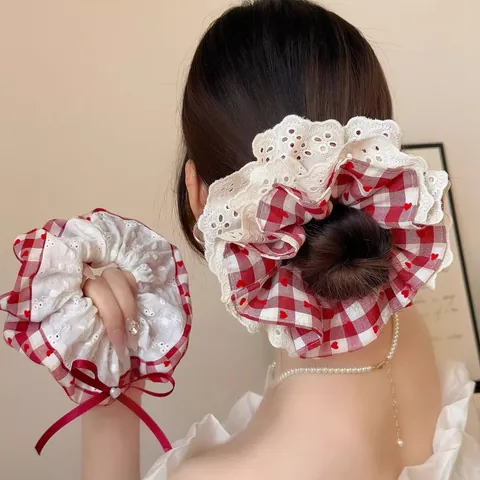 Women Sweet Red Plaid Heart Scrunchie With Lace Trim Bow Artificial Pearl Decoration Retro Fabric Hair Tie Ponytail Holder Hair Accessories
