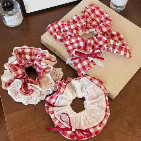 Women Sweet Red Plaid Heart Scrunchie With Lace Trim Bow Artificial Pearl Decoration Retro Fabric Hair Tie Ponytail Holder Hair Accessories