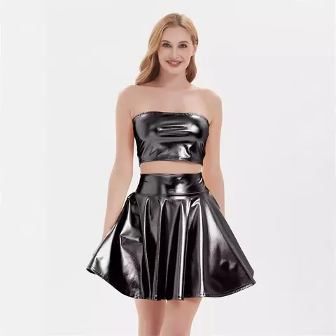 Jupe Plissée Métallique pour Femmes Jupe Patineuse Brillante en Coupe A-Line pour Performance sur Scène Boîte de Nuit Fête Costume de Danse