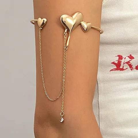 Copper Heart Tassel Armlet Bracelet Liquid Metal Lava Design Silver Tone Fashion Jewelry For Women Elegant Arm Cuff