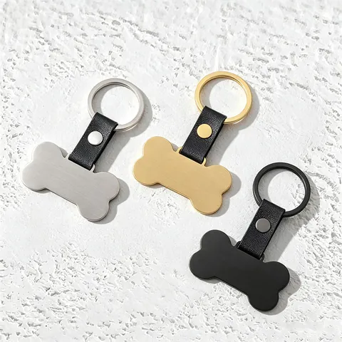 Llavero de Cuero y Metal con Forma de Hueso En Blanco Grabable con Láser Etiqueta de Identificación de Mascota Oro Plata Negro