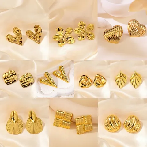 Vintage Stainless Steel Geometric Stud Earrings For Women Gold Silver Plated Hammered Flower Heart Leaf Wave Fan Textured Jewelry