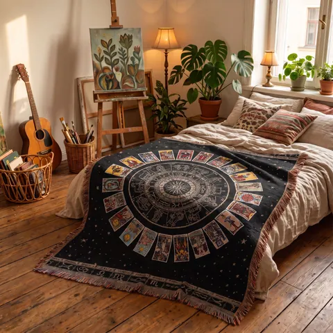Zodiac Tarot Woven Blanket Cotton Tassel Bohemian Mystical Sun Moon Star Sofa Throw Picnic Mat Decorative Tapestry