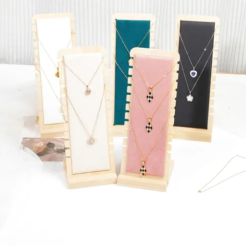 Necklace Display Stand Bamboo Wood Detachable Jewelry Holder Velvet Leather Pendant Rack Organizer For Retail Showroom