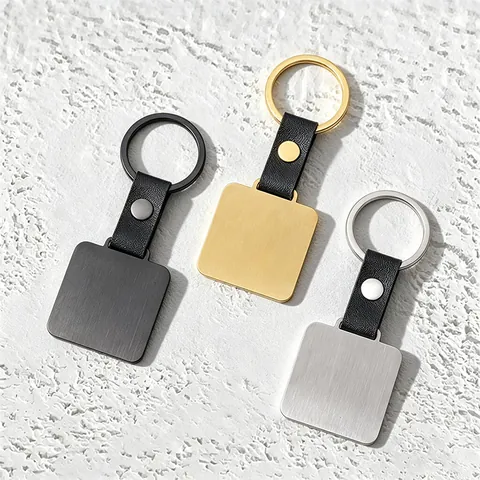 Llavero Cuadrado Minimalista de Acero Inoxidable Con Correa de Cuero Placa DIY Grabado Láser Llavero para Hombres Mujeres