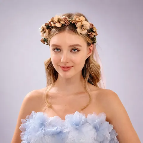 Woodland Style Simulation Flower Garland Headband Adjustable Ribbon Bridal Wedding Flower Girl Headpiece For Photography Party