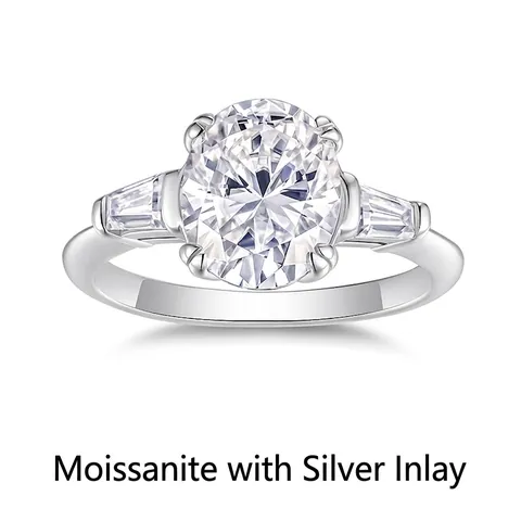 Oval Moissanite 925 Sterling Silver Ring Three Stone Design With Trapezoid Side Stones Wedding Engagement Ring For Women