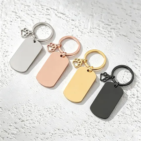 Stainless Steel Blank Keychain Dog Tag Heart Round Rectangle Pendant With Hollow Paw Print Charm For DIY Identity Gift