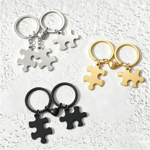 Stainless Steel Couple Puzzle Magnet Heart Keychain Set Polished Metal Key Ring For Lovers Anniversary Birthday Gift