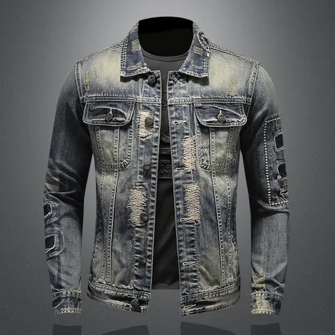 Veste en Jean Rétro Délavée pour Hommes Robuste Déchirée Patchwork Coton Vêtement de Dessus Top Pour Printemps Automne Streetwear Casual