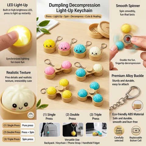 Jouet Anti-stress en Forme de Brioche à la Vapeur Avec Lumière LED Fidget Spinner Bouton Mécanique Porte-clés Mignon Pour Bureau École