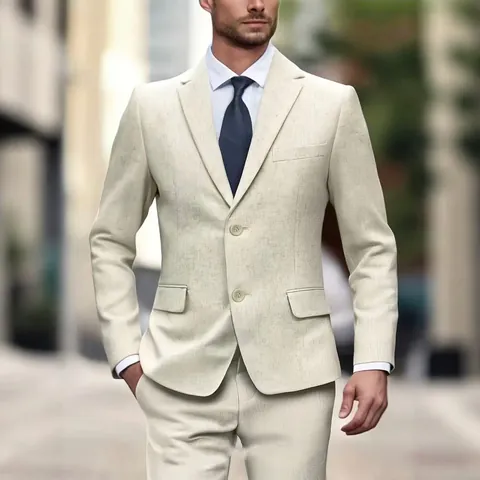 Men's Linen Suit Set Slim Fit Notch Lapel 2-Piece Business Casual Wedding Groomsman Outfit Top And Bottom