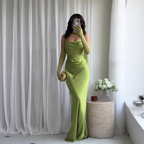 Women Elegant Polyester Satin Evening Gown Spaghetti Strap Backless Ruched Bodycon Maxi Dress For Party Wedding Banquet