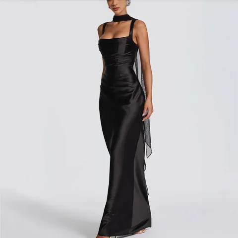 Women Elegant Polyester Satin Evening Gown Spaghetti Strap Backless Ruched Bodycon Maxi Dress For Party Wedding Banquet