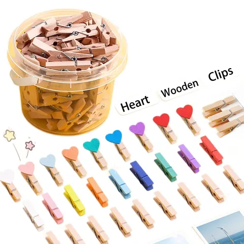 Mini Clips de Fotos de Madera Natural Pinzas de Ropa Artesanales Decorativas Para DIY Artes Colgar Notas Fotos Corazón Estrella Clips Decorativos Multicolor
