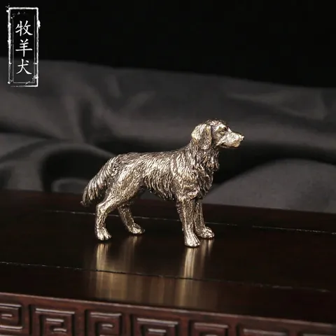 Antique Brass Shepherd Dog Figurine Desktop Ornament Retro Copper Animal Statue Tea Pet Office Home Decor Sculpture Miniature