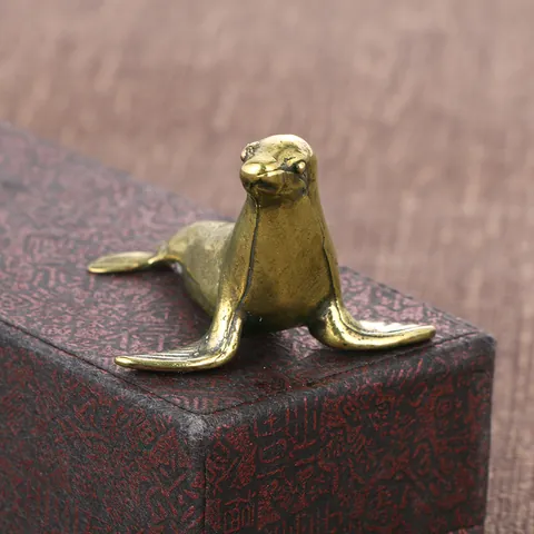 Antiek Messing Massief Zeehond Beeldje Vintage Brons Dier Standbeeld Creatief Bureau Ornament Verzamelbaar Decoratie Ambacht