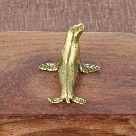 Antiek Messing Massief Zeehond Beeldje Vintage Brons Dier Standbeeld Creatief Bureau Ornament Verzamelbaar Decoratie Ambacht