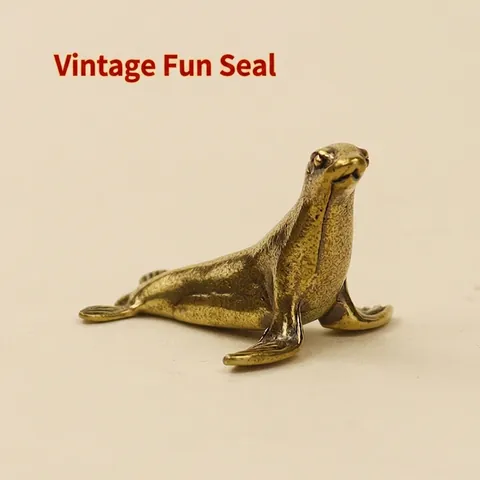Vintage Brass Seal Figurine Miniature Animal Statue Desktop Ornament Antique Finish Metal Art Craft Home Decor Gift