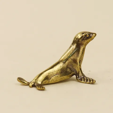 Vintage Brass Seal Figurine Miniature Animal Statue Desktop Ornament Antique Finish Metal Art Craft Home Decor Gift