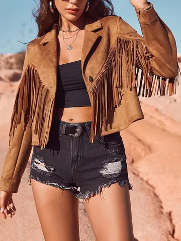 Women Faux Suede Fringe Jacket Western Slim Long Sleeve Tassel Cropped Jacket Elegant Solid Color Polyester Autumn Outerwear