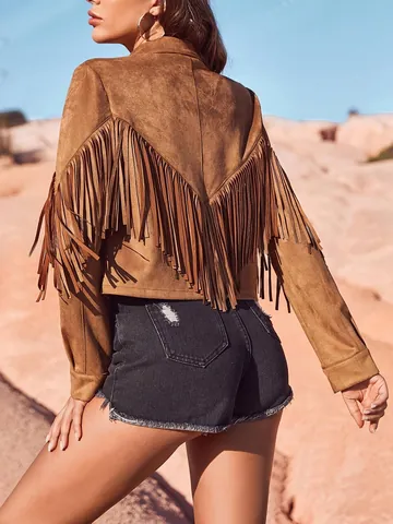 Women Faux Suede Fringe Jacket Western Slim Long Sleeve Tassel Cropped Jacket Elegant Solid Color Polyester Autumn Outerwear