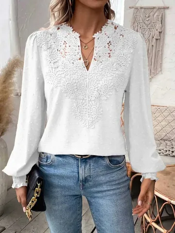 Women V-Neck Lace Long Sleeve Top Swiss Dot Polyester Casual Elegant Splicing Lantern Sleeve Fashion T-Shirt
