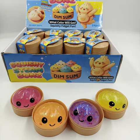 Smile Face Squishy Steamed Bun Stress Relief Toy With Mini Steamer Base Glitter Pectin TPR Squishy For Kids Adults Dim Sum Style Squeeze Toy