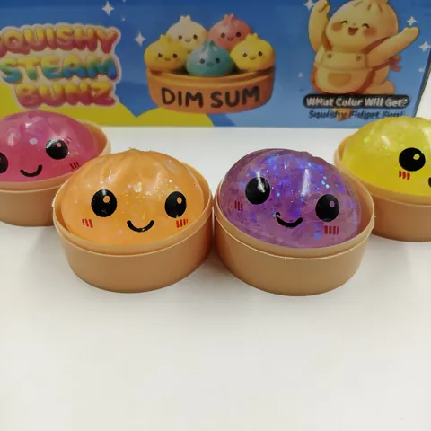 Smile Face Squishy Steamed Bun Stress Relief Toy With Mini Steamer Base Glitter Pectin TPR Squishy For Kids Adults Dim Sum Style Squeeze Toy