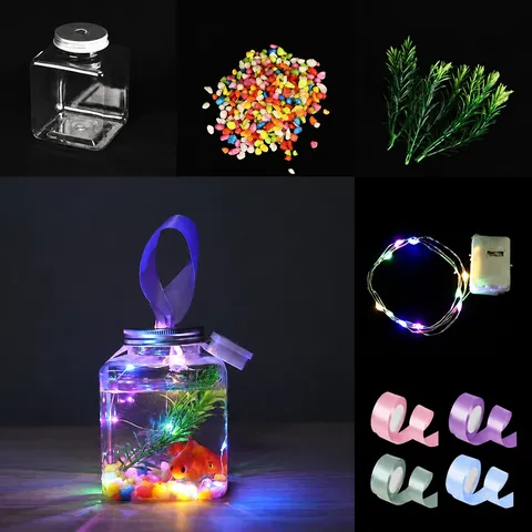 DIY Glowing Fish Jar Material Kit With LED Light Strip Artificial Water Plants Goldfish Pattern Glowing Toy For Party Night Market Decoration