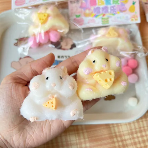 Simulation Flocked Hamster Squishy Toy Soft TPR Stress Relief Fidget Toy Cute Fuzzy Animal Squeeze Toy For Kids Adults Office Gift