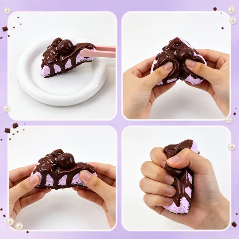 Jouet Squishy en Forme de Gâteau au Chocolat en Silicone Anti-stress Avec Décoration Cerise et Crochet en Étoile
