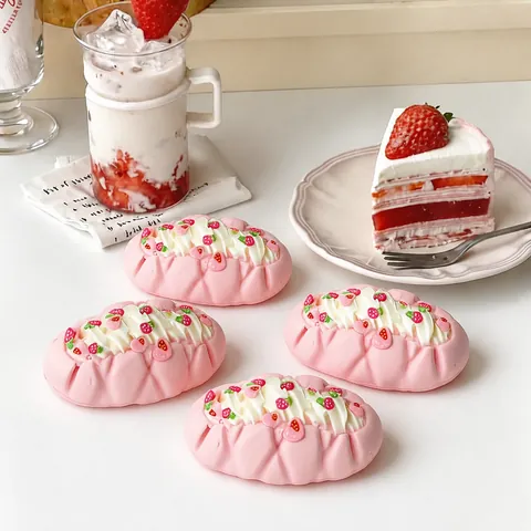 Jouet Anti-Stress Squishy Gâteau aux Fraises en Silicone Fait Main Simulation Réaliste Dessert Alimentaire Jouet à Presser