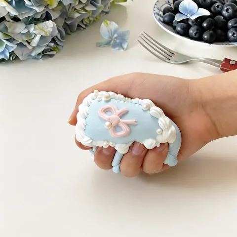 Handmade Silicone Blue Star Cake Squishy Toy Stress Relief Squeeze Toy Simulated Food Dessert With Bow Pearl Decor For Kids Adult
