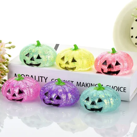 Halloween Luminous Pumpkin Squishy Toy Glitter Stress Relief Squeeze Toy Micro Landscape Miniature Garden Car Interior Decoration Ornament