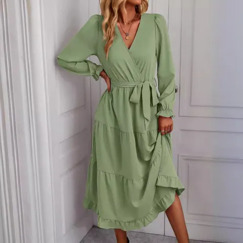 Vestido Largo de Mujer con Cuello en V Manga Larga Escalonado Color Sólido Dobladillo con Volantes Línea A Empalmado Lazo en la Cintura Elegante Poliéster