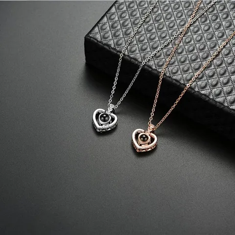 Alloy Heart Projection Necklace For Women With 100 Languages I Love You Rhinestone Pendant Necklace Rose Gold Silver Jewelry Gift