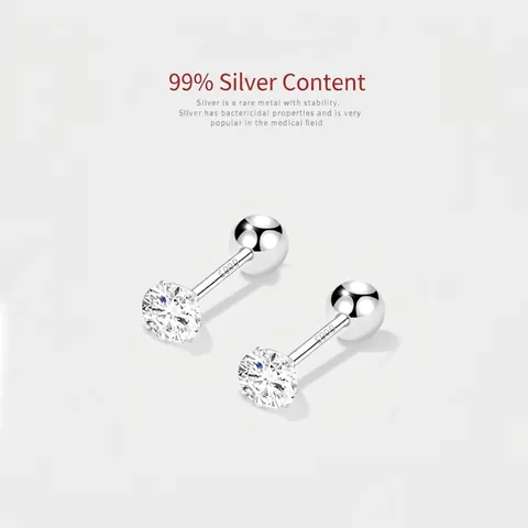 S999 Sterling Silver Zirconia Stud Earrings Four-Claw Round Bead Screw Back Hypoallergenic Minimalist Cartilage Piercing Jewelry