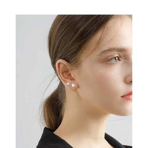 S999 Sterling Silver Zirconia Stud Earrings Four-Claw Round Bead Screw Back Hypoallergenic Minimalist Cartilage Piercing Jewelry