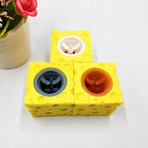Funny Cheese Mouse Pop Up Squishy Toy TPR Soft Yellow Cheese Block Mouse Stress Relief Fidget Toy For Kids Adults Gift