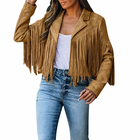 Women Faux Suede Fringe Jacket Short Western Bohemian Solid Slim Fit Lapel Tassel Coat Fall Outwear Top