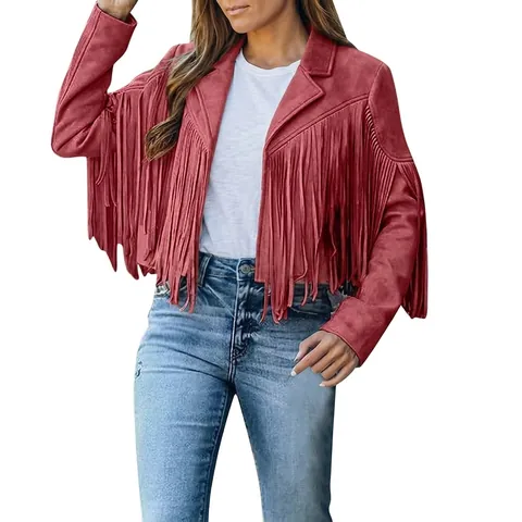 Women Faux Suede Fringe Jacket Short Western Bohemian Solid Slim Fit Lapel Tassel Coat Fall Outwear Top