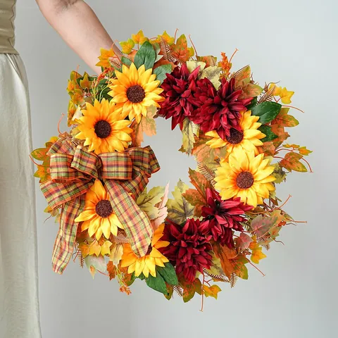 Autumn Harvest Sunflower Wreath Artificial Maple Leaf Pumpkin Bow Garland For Front Door Thanksgiving Halloween Decor