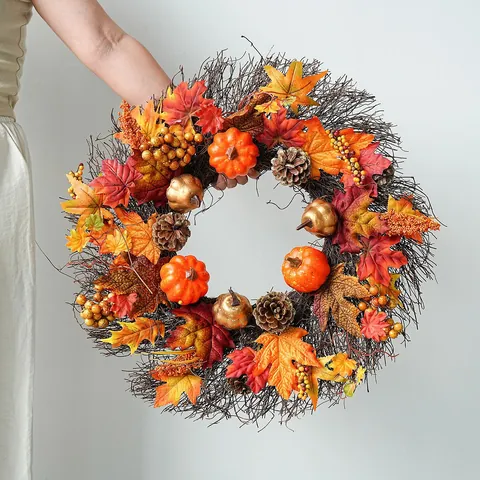 Autumn Harvest Sunflower Wreath Artificial Maple Leaf Pumpkin Bow Garland For Front Door Thanksgiving Halloween Decor