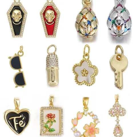 DIY Jewelry Accessory Copper Gold Plated Enamel Rhinestone Pendant For Keychain Necklace Heart Star Skull Flower Charms