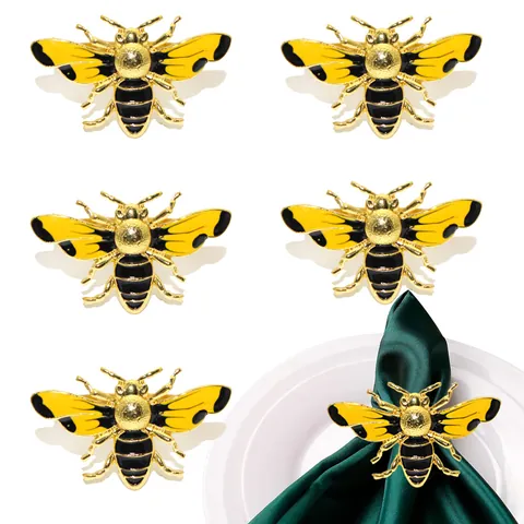 Yellow Little Bee Napkin Rings Alloy Gold Enamel Insect Napkin Buckle For Wedding Party Table Decoration Home Dining Accessories