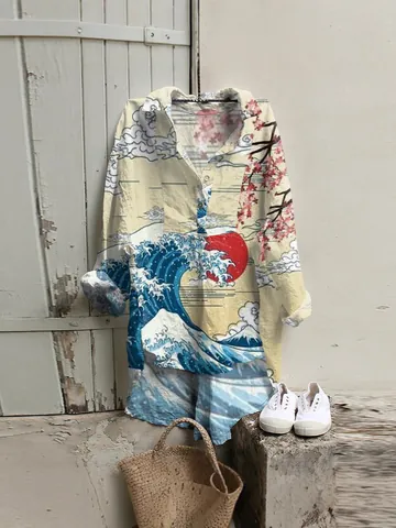 Dames Japanse Ukiyo-e Stijl Bedrukt Overhemd Lange Mouw Polyester Blouse Casual Halflange Top